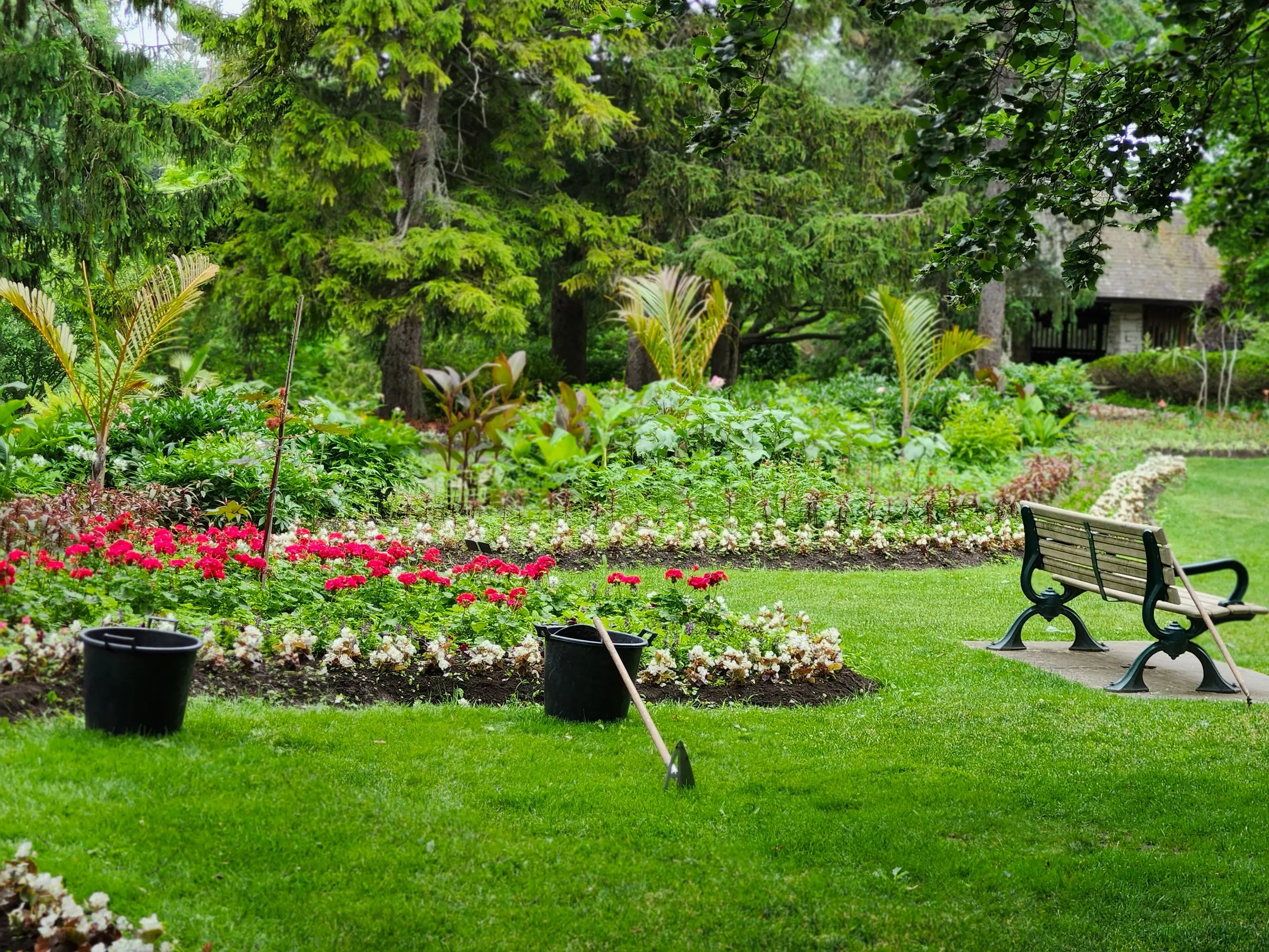 Gepflegter Garten mit blühenden Beeten, Rasen und Parkbank